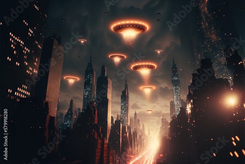Fotografiet Alien UFO army attacks a city, alien invasion in 8K created with generative ai t