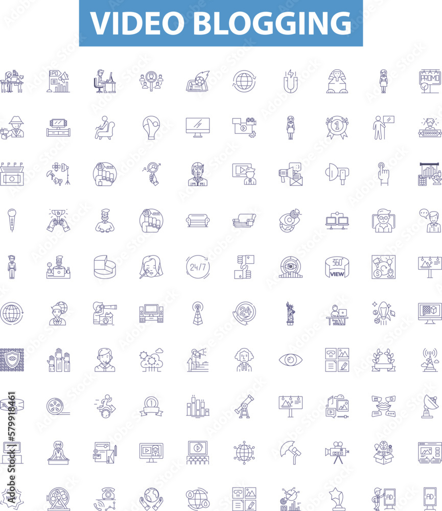 Video blogging line icons, signs set. Vlogging, Video blogging, Videoblogging, Videocasting, Vlogs, Vloggers, Video podcasting, Vodcasting, Video sharing outline vector illustrations.