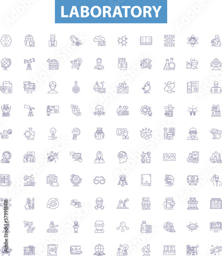 Laboratory line icons, signs set. Lab, Research, Test, Experiment, Experimentation, Analysis, Chemistry, Assay, Microbiology outline vector illustrations.