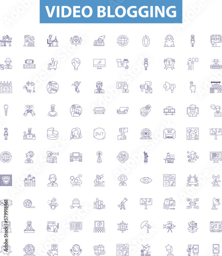 Obraz na płótnie Video blogging line icons, signs set. Vlogging, Video blogging, Videoblogging, Videocasting, Vlogs, Vloggers, Video podcasting, Vodcasting, Video sharing outline vector illustrations. w salonie