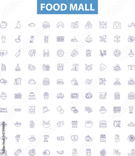 Food mall line icons, signs set. Eatery, Gastronomy, Canteen, Cuisine, Gourmand, Bistro, Galley, Foodcourt, Fare outline vector illustrations.