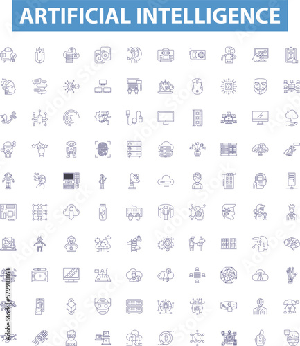 Artificial intelligence line icons, signs set. AI, Robotics, Machine Learning, Automation, Algorithms, Computation, Natural Language Processing, Expert Systems, Predictive Analytics outline vector