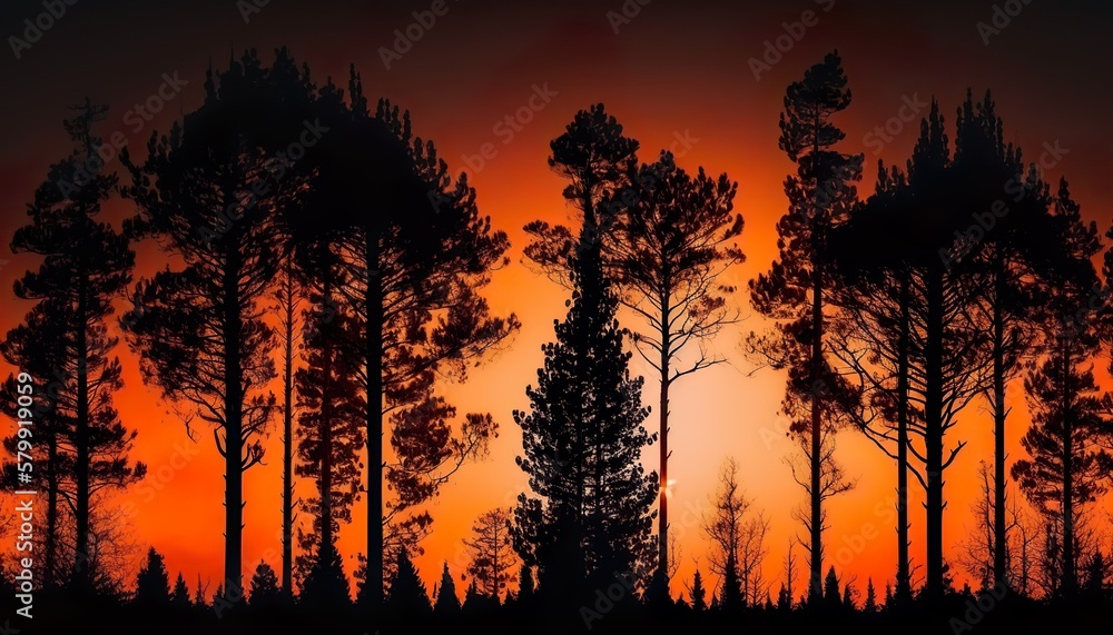 Naklejka premium Silhouette of trees against an orange sky unsplash Generative AI