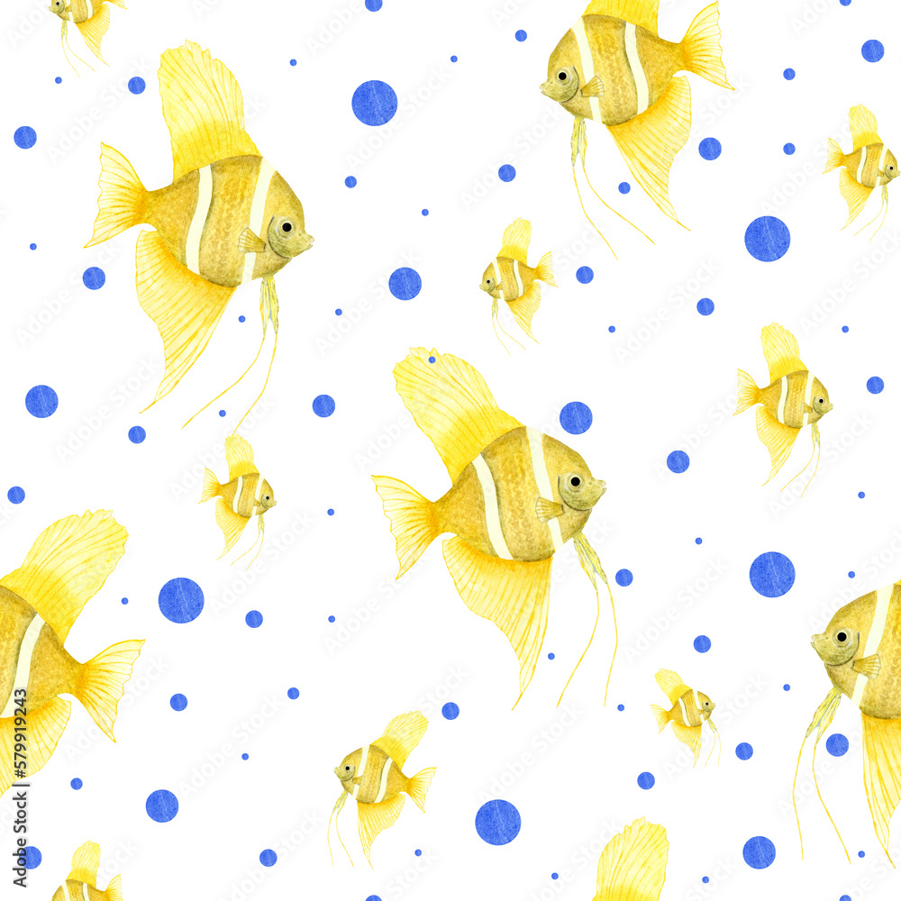 Watercolor seamless pattern of yellow angelfish isolated on white
