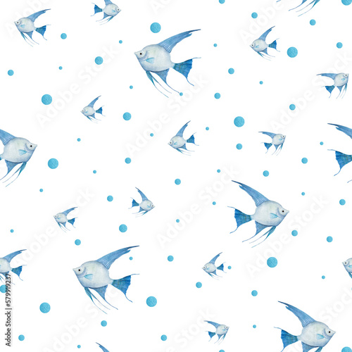 Watercolor seamless pattern of blue angelfish isolated on white background. For greeting card design  menus  background  prints  wallpaper  fabric  textile  wrapping.