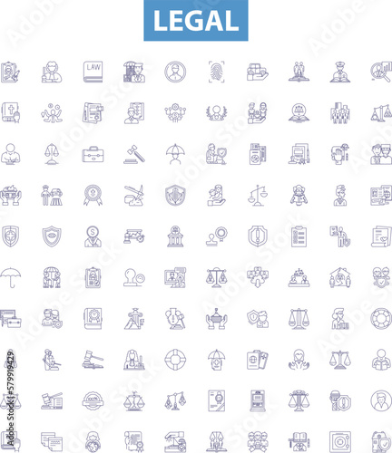 Legal line icons, signs set. Lawful, Just, Legitimate, Valid, Binding, Allowable, Permissible, Rightful, Authorized outline vector illustrations.