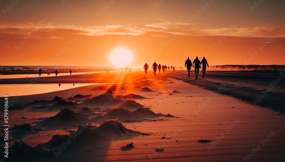 People walking on the beach at sunset unsplash  Generative AI