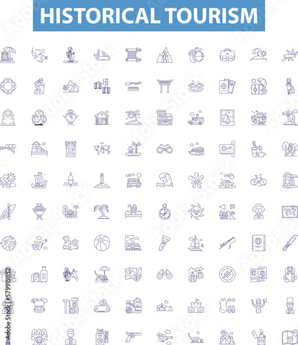 Historical tourism line icons, signs set. Heritage, cultural, antiquities, monuments, ruins, sites, Landmarks, ancient, journeys outline vector illustrations.