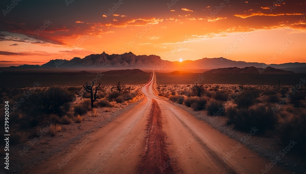 Sunset on a desert road unsplash  Generative AI
