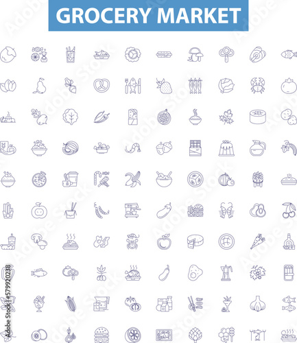 Grocery market line icons, signs set. Groceries, Market, Supermarket, Shopping, Fruits, Vegetables, Dairy, Staples, Beverages outline vector illustrations.