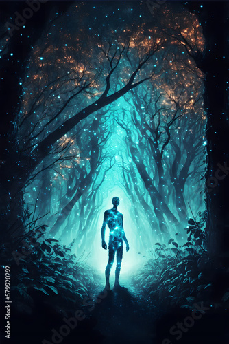 A man with a glass body in the middle of a dark forest at night
