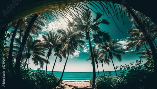 A view of the ocean through a palm tree canopy unsplash tropical island with palm trees Generative AI