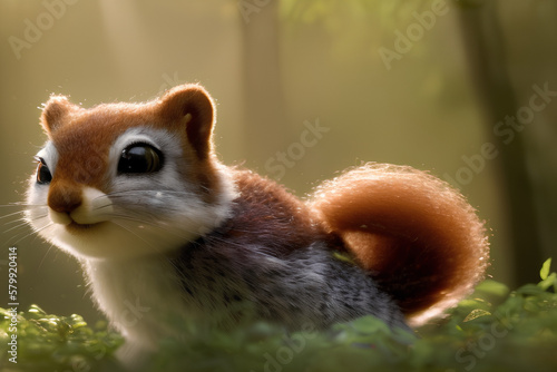 A Cute Fluffy Squirrel On The Forest Floor Basking In Morning Glow, created with generative AI technology