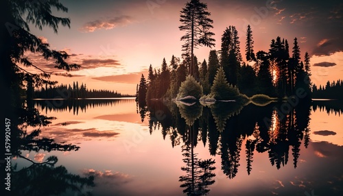 Tranquil lake at sunset unsplash sunset over lake  Generative AI photo