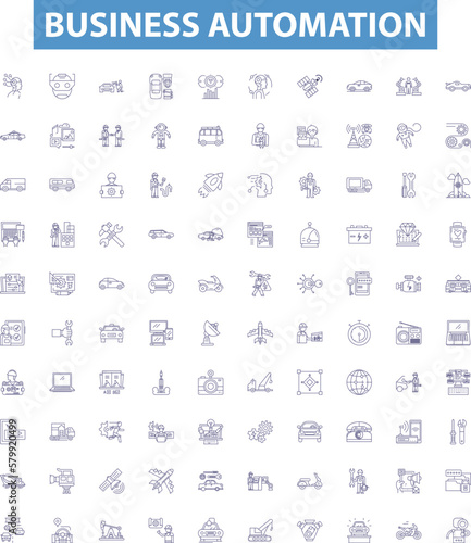 Business automation line icons, signs set. Automation, Business, Processes, Software, Technology, Robotics, Efficiency, Cloud, Solutions outline vector illustrations.