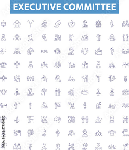 Executive committee line icons, signs set. executive, committee, leadership, management, strategy, planning, decision-making, communication, teamwork outline vector illustrations.