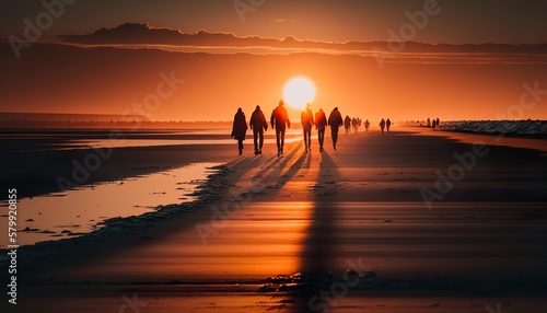 People walking on the beach at sunset unsplash  Generative AI