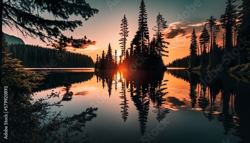 Tranquil lake at sunset unsplash Generative AI