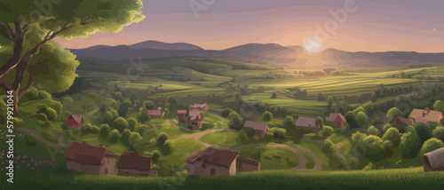 Vineyards with vines and hilly Tuscan landscapes near the winery , with the village in the background . Vector illustration banner. spring blank background