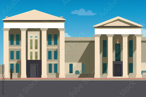 Bank or Courthouse With Building Columns Simple Illustration Against Clear Blue Sky created with generative ai technology