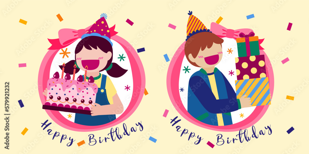 Fototapeta premium Cartoon birthday party people. Man and woman has birthday party at home. Birthday party decoration with balloon and shoot colorf