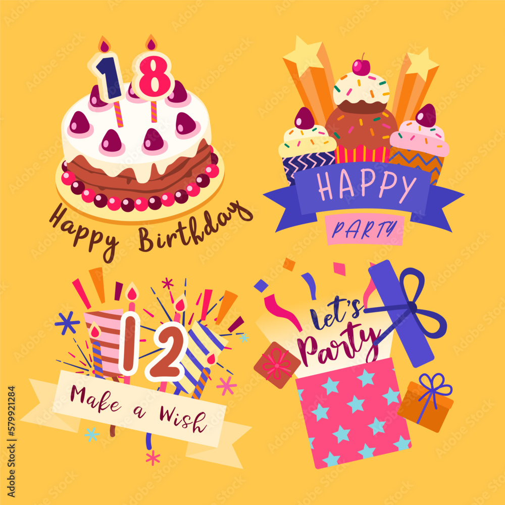 Set of birthday party design elements. Cake, Cup cake, Firework and gift box. Set of birthday party design elements. Cake, Cup cake, Firework and gift box.