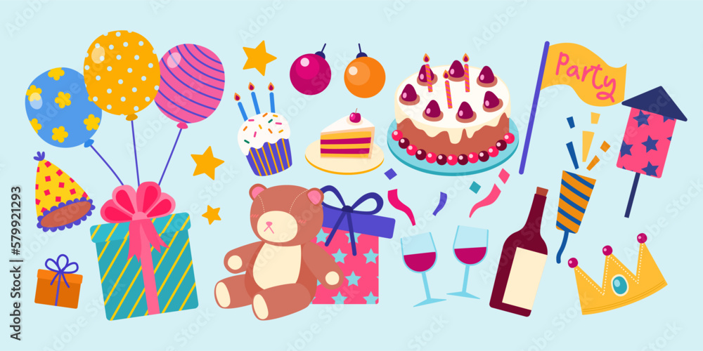 Set of birthday party design elements. Cartoon vector illustration in flat style Set of birthday party design elements. Cartoon vector illustration in flat style