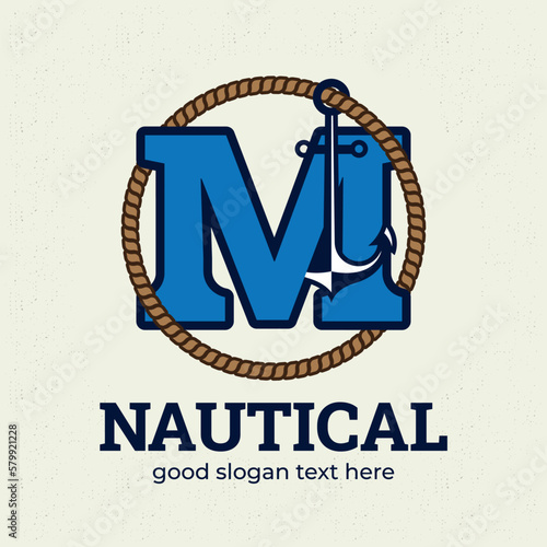 Letter M logo with anchor illustration logo design template, nautical logo concept, vintage style.