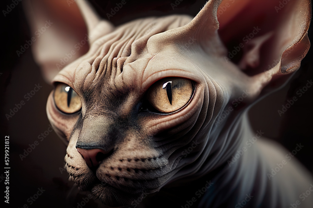 Naklejka premium Close up shot of sphynx cat. Front view of sphynx cat head and face. Generative AI.