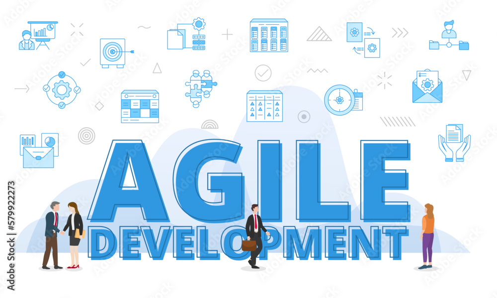 agile development concept with big words and people surrounded by related icon with blue color style