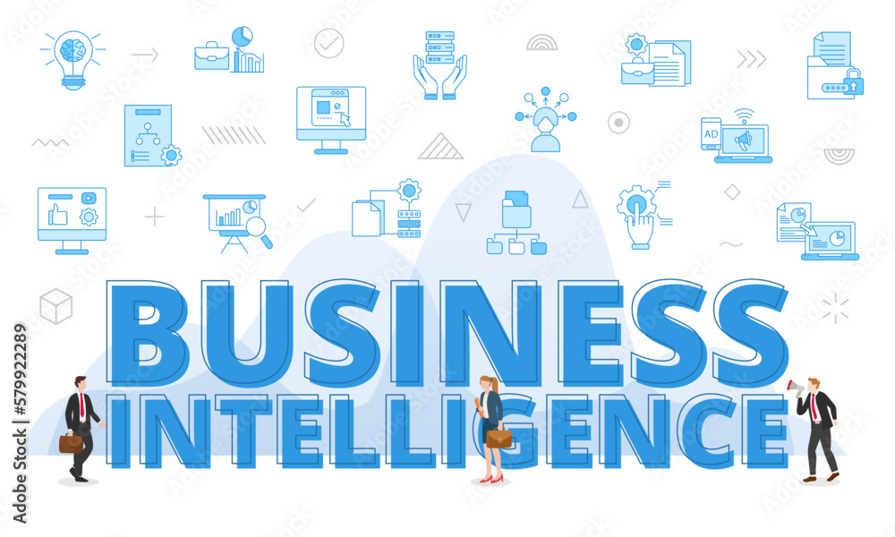 business intelligence concept with big words and people surrounded by related icon with blue color style