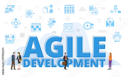 agile development concept with big words and people surrounded by related icon with blue color style
