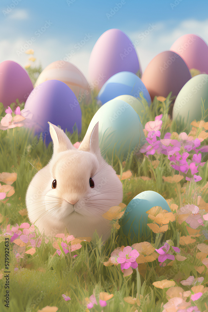 Fototapeta premium Cute Easter Bunny Rabbit White With Easter Eggs created with generative ai technology