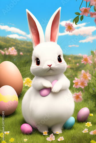 Cute Easter Bunny Rabbit White With Easter Eggs created with generative ai technology