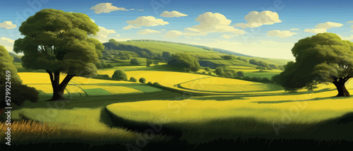 Green field, tree and blue sky. Gorgeous as background, web banner. Spring landscape in the countryside with a green meadow on the hills with blue sky, vector summer or spring landscape, panoramic photo