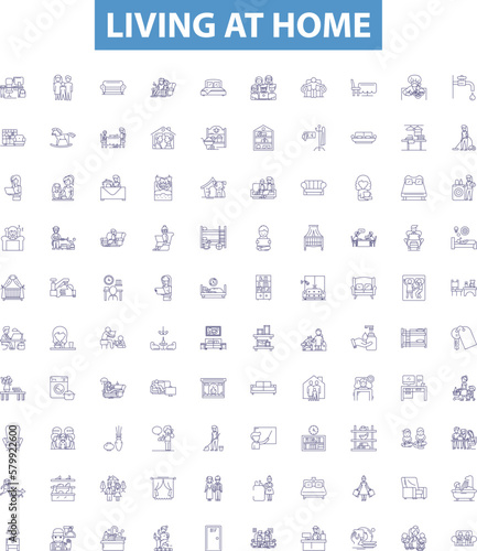 Living at home line icons, signs set. Dwelling, Residing, Co habiting, Abode, Homely, Domiciled, Lodging, Occupying, Settled outline vector illustrations. photo