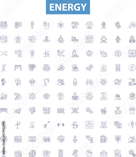 Energy line icons, signs set. Power, vigor, vitality, drive, juice, fuel, elan, dynamism, vim outline vector illustrations.