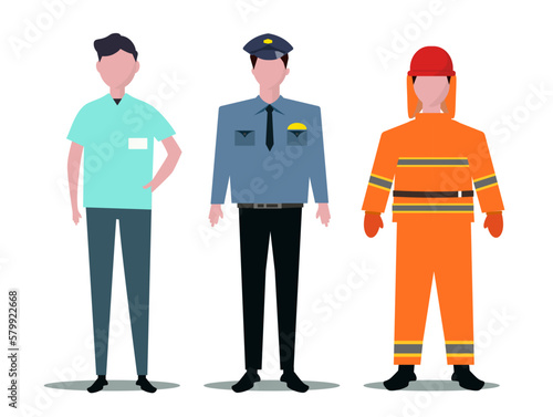 医者と警察官と消防士。働く男性達。出動、災害現場、救助活動。ベクターイラスト