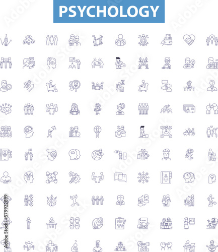 Psychology line icons, signs set. Psychology, Mind, Brain, Emotions, Behavior, Cognition, Development, Personality, Motivation outline vector illustrations.