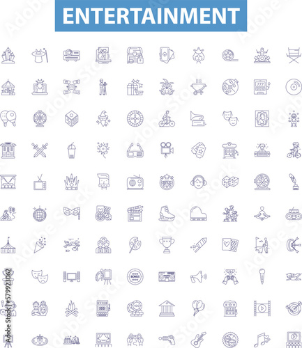 Entertainment line icons, signs set. games, movies, theater, comedy, music, dance, sports, TV, novels outline vector illustrations.