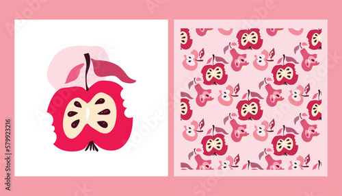 Cartoon funny apple wall art , card, poster  and seamless pattern for interior design, wall art, cover, textile, baby shover Vector hand drawn illustration