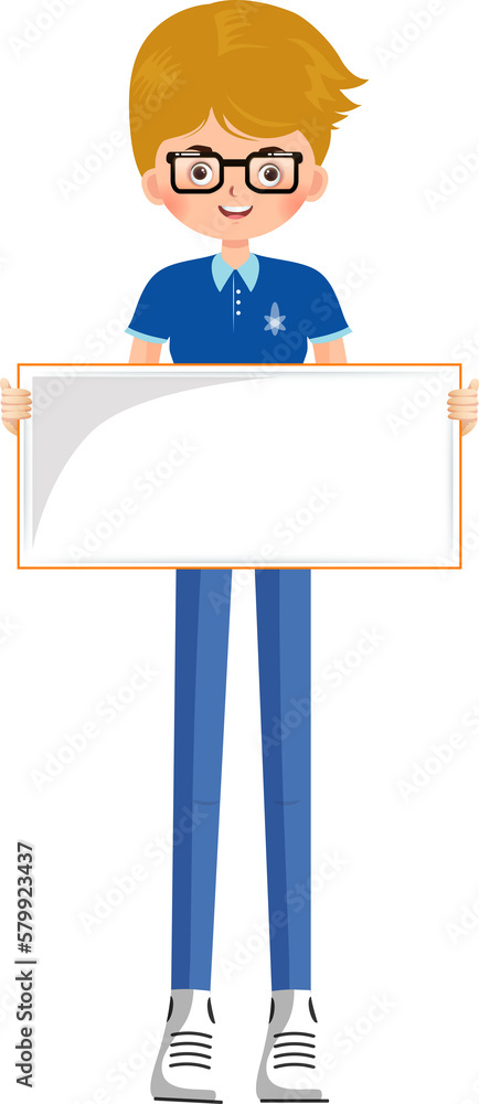 Cute little boy student holding an empty banner Cute little boy student holding an empty banner