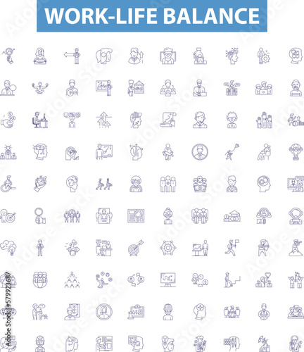 Work-life balance line icons, signs set. Work life, balance, harmony, integration, equilibrium, blend, blendwork, integration, flexibility outline vector illustrations.