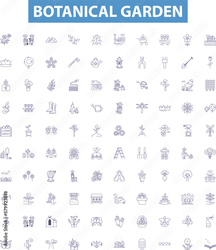 Botanical garden line icons, signs set. Garden, Botanical, Plants, Greenery, Flora, Herbs, Trees, Foliage, Shrubs outline vector illustrations.