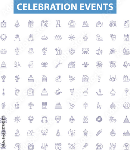 Celebration events line icons, signs set. Festivities, Fete, Gala, Jubilee, Occasion, Ceremony, Carnival, Pageant, Shindig outline vector illustrations.