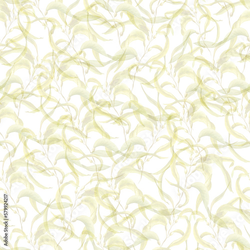Watercolor seamless pattern of seaweeds, laminaria isolated on white background. For greeting card design, menus, background, prints, wallpaper, fabric, textile, wrapping.