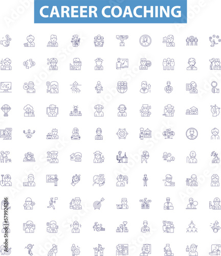 Career coaching line icons, signs set. Career, Coaching, Mentoring, Advice, Counseling, Goals, Development, Cover Letter, Resume outline vector illustrations.