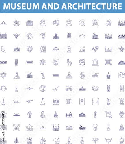 Museum and architecture line icons, signs set. Museum, Architecture, Exhibition, Historic, Art, Antiquities, Relic, Heritage, Statues outline vector illustrations.