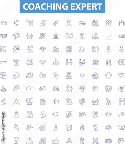 Coaching expert line icons, signs set. Mentor, Advisor, Guide, Tutor, Consultant, Facilitator, Instructor, Teacher, Leader outline vector illustrations.
