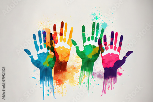 Human Rights card of colorful people hand prints. Generative Ai